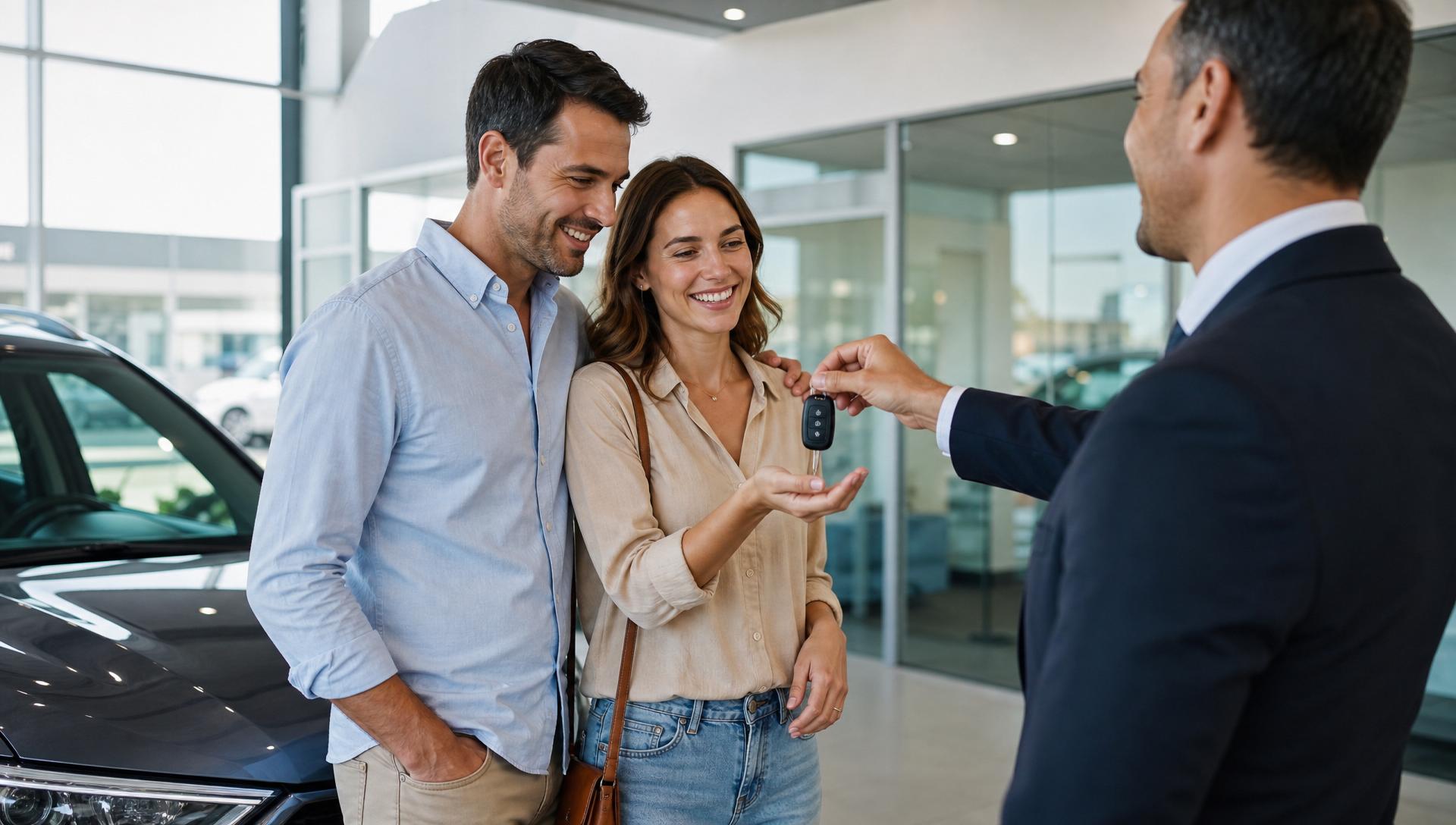 Happy couple receiving keys to their new car